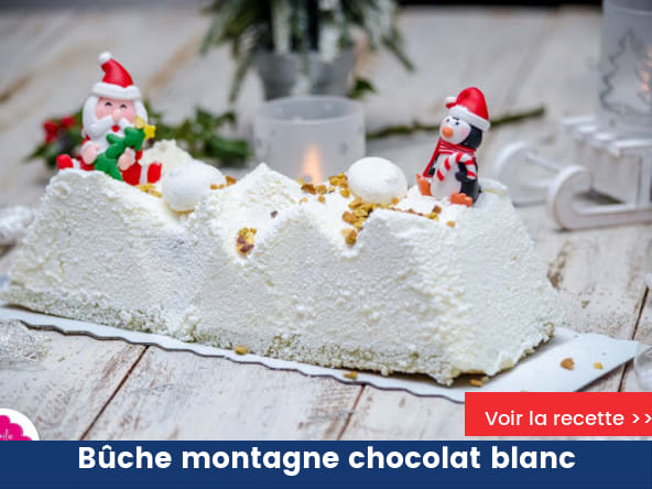 Bûche montagne au chocolat blanc, génoise pistache et framboises